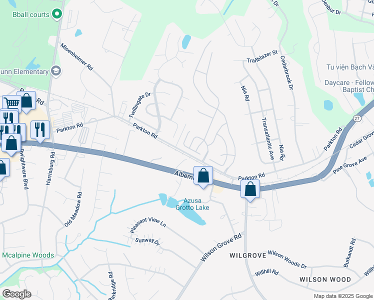 map of restaurants, bars, coffee shops, grocery stores, and more near 10021 Parkton Road in Charlotte