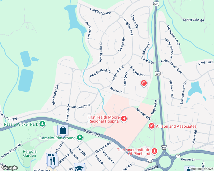 map of restaurants, bars, coffee shops, grocery stores, and more near 1710 Longleaf Drive East in Pinehurst