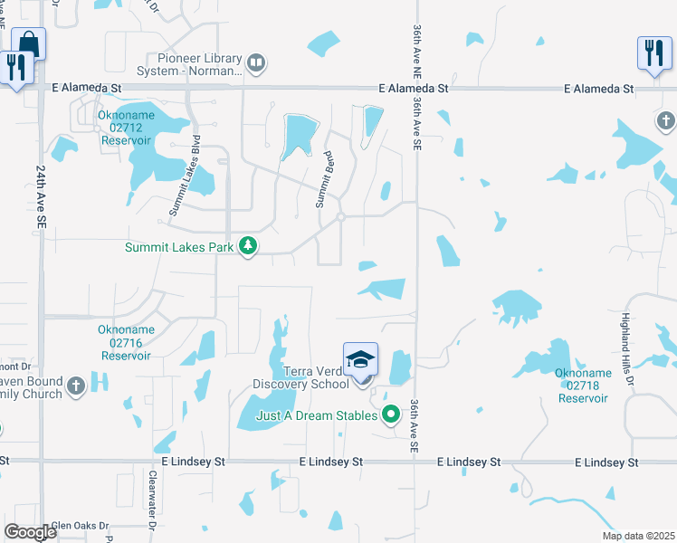 map of restaurants, bars, coffee shops, grocery stores, and more near 3216 Summit Bend in Norman