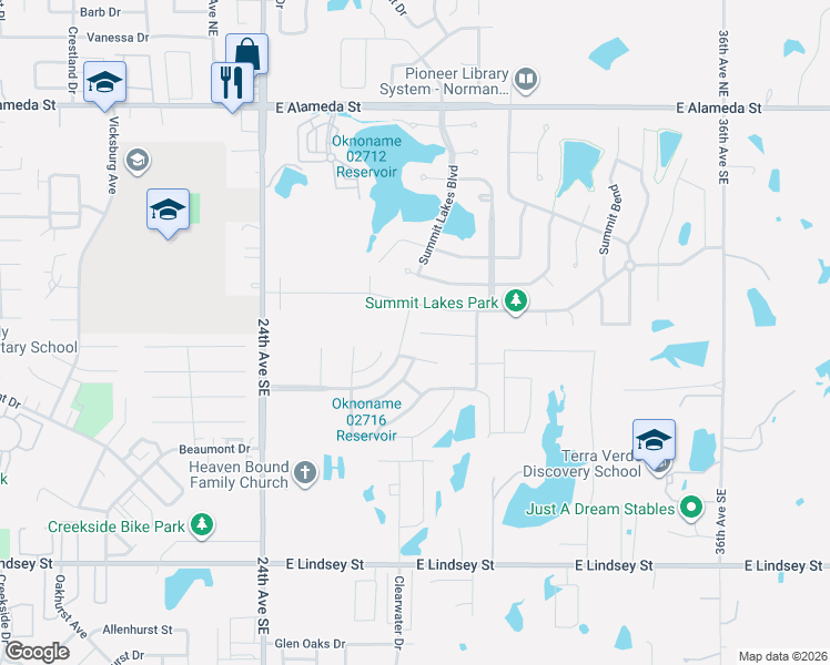 map of restaurants, bars, coffee shops, grocery stores, and more near 36TH Short A Rosa in Norman