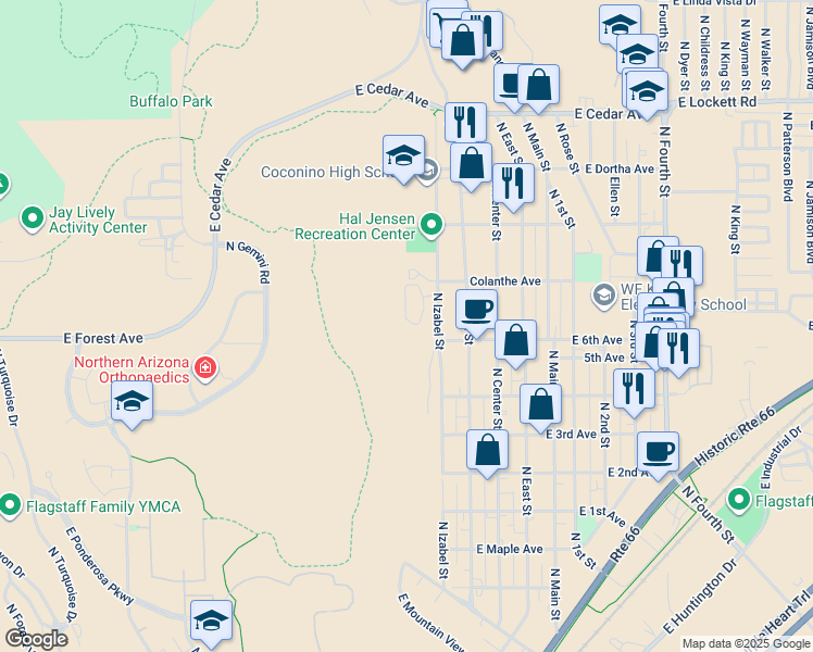 map of restaurants, bars, coffee shops, grocery stores, and more near 2251 North Izabel Street in Flagstaff