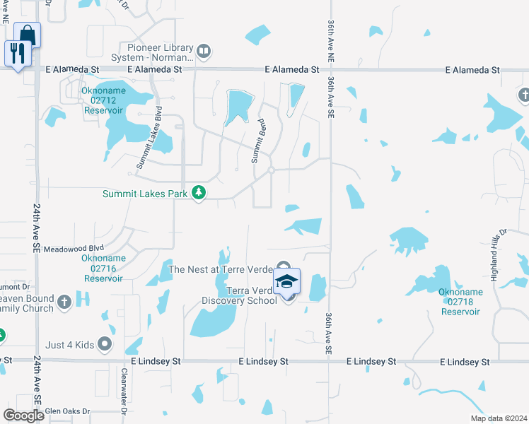 map of restaurants, bars, coffee shops, grocery stores, and more near 3212 Summit Bend in Norman