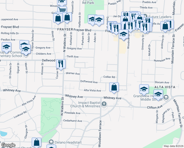 map of restaurants, bars, coffee shops, grocery stores, and more near 3139 Aden Street in Memphis