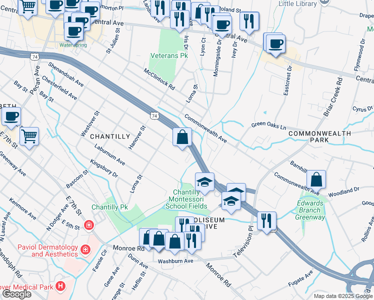 map of restaurants, bars, coffee shops, grocery stores, and more near 2672 Shenandoah Avenue in Charlotte