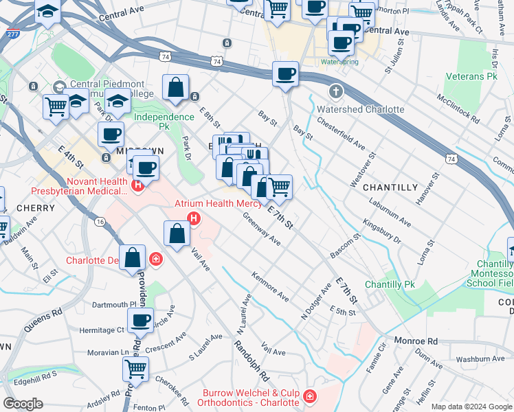 map of restaurants, bars, coffee shops, grocery stores, and more near 2108 East 7th Street in Charlotte