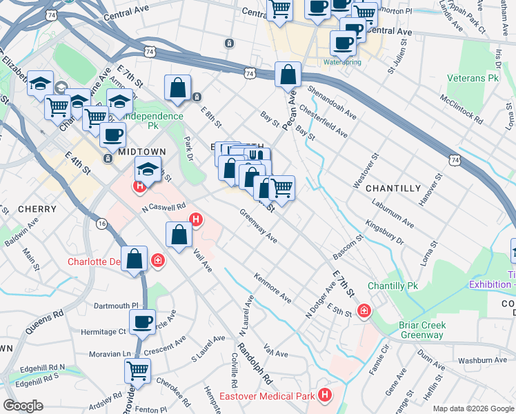 map of restaurants, bars, coffee shops, grocery stores, and more near 2108 East 7th Street in Charlotte