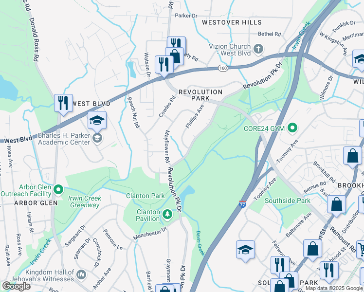 map of restaurants, bars, coffee shops, grocery stores, and more near in Charlotte