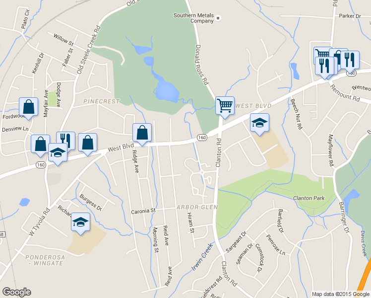 map of restaurants, bars, coffee shops, grocery stores, and more near 2157 West Boulevard in Charlotte