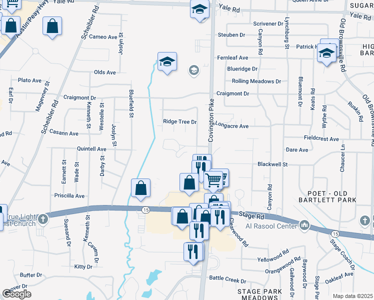 map of restaurants, bars, coffee shops, grocery stores, and more near 5005 Cobalt Cove in Memphis