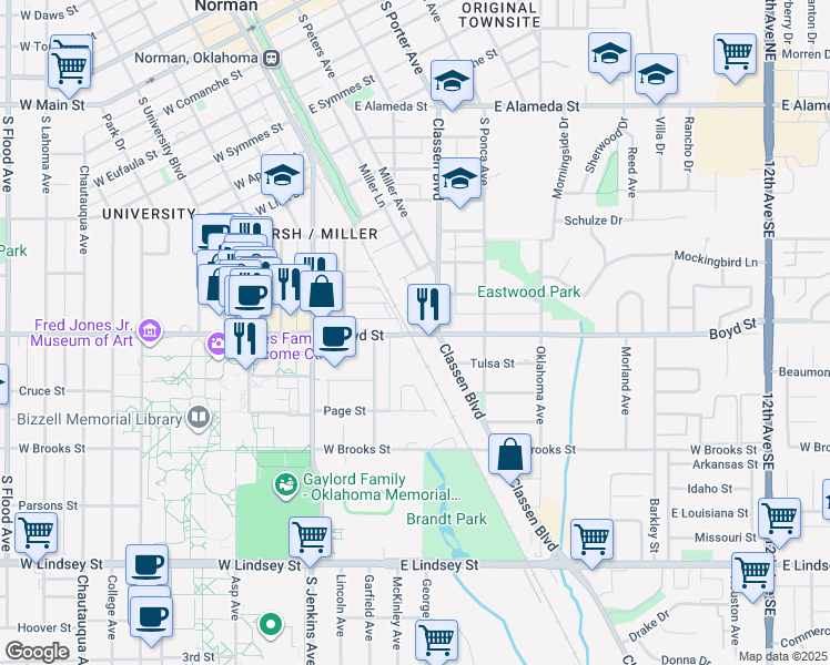 map of restaurants, bars, coffee shops, grocery stores, and more near in Norman