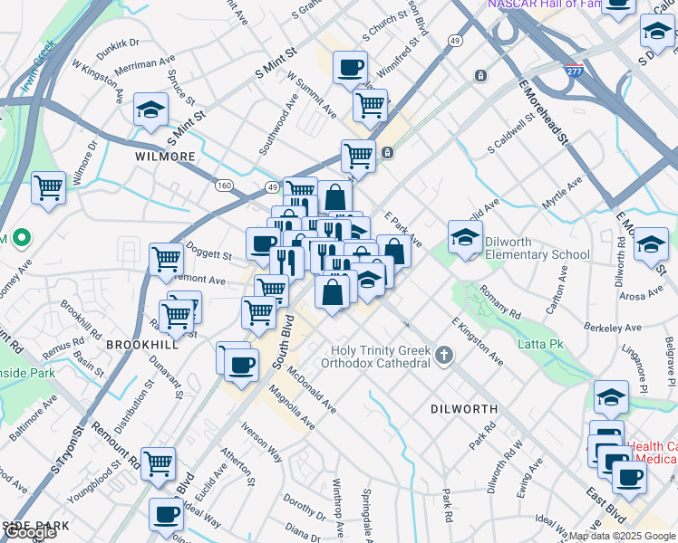 map of restaurants, bars, coffee shops, grocery stores, and more near 208 East Boulevard in Charlotte