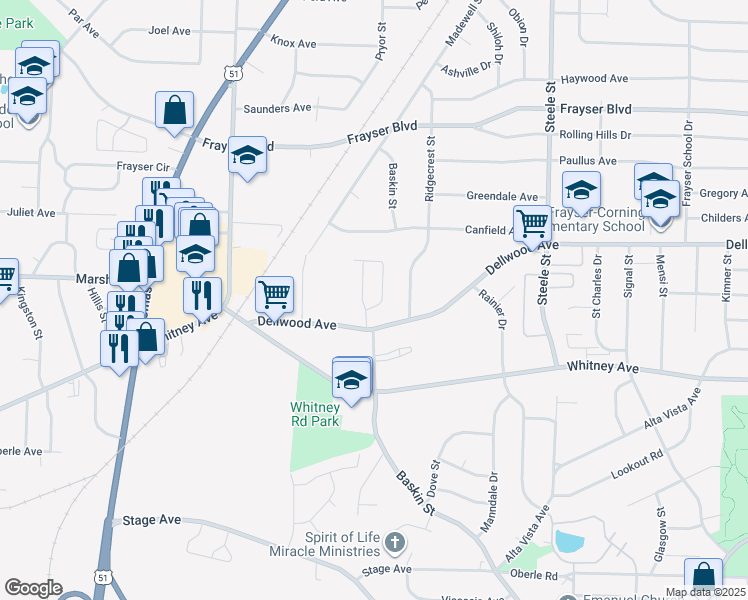 map of restaurants, bars, coffee shops, grocery stores, and more near 3127 Dahlia Drive in Memphis