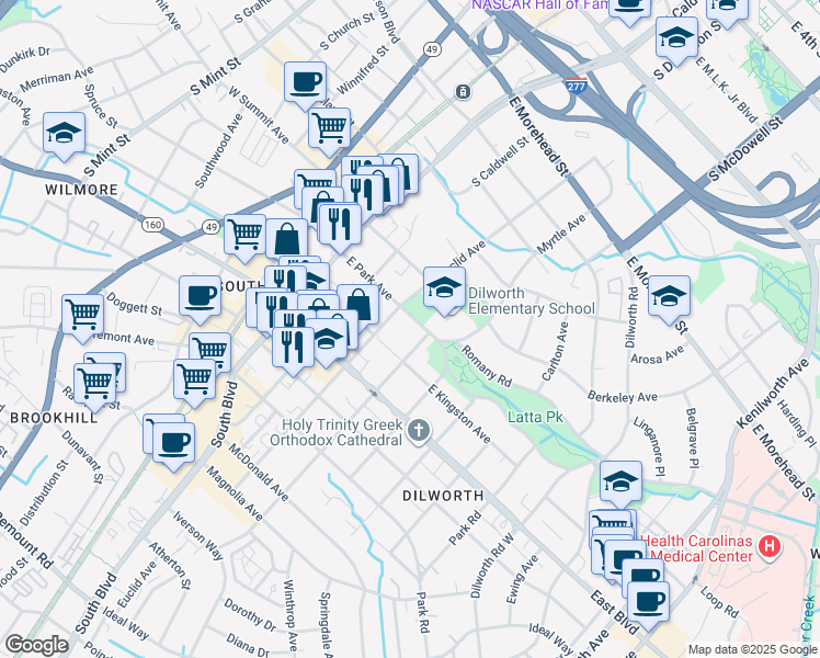 map of restaurants, bars, coffee shops, grocery stores, and more near 416 East Park Avenue in Charlotte