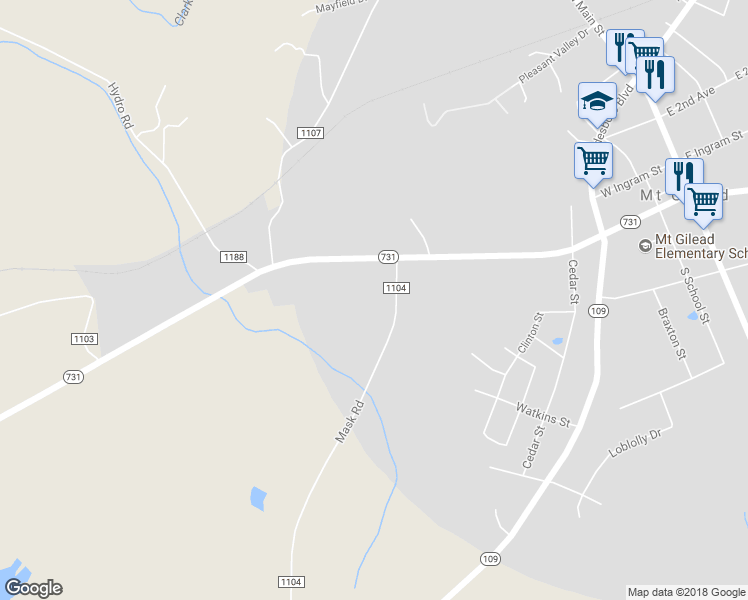 map of restaurants, bars, coffee shops, grocery stores, and more near 130 Mask Road in Mount Gilead