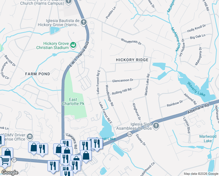 map of restaurants, bars, coffee shops, grocery stores, and more near 6224 Woodbridge Road in Charlotte