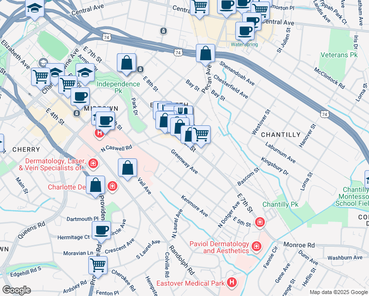 map of restaurants, bars, coffee shops, grocery stores, and more near 2108 East 7th Street in Charlotte
