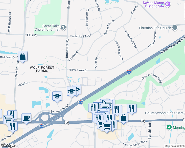map of restaurants, bars, coffee shops, grocery stores, and more near 8941 Hillman Way Drive in Bartlett