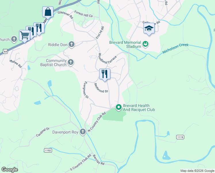 map of restaurants, bars, coffee shops, grocery stores, and more near 195 Meadowbrook Circle in Brevard