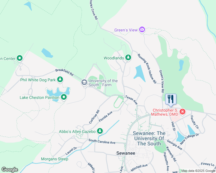 map of restaurants, bars, coffee shops, grocery stores, and more near 72 Old Farm Road in Sewanee