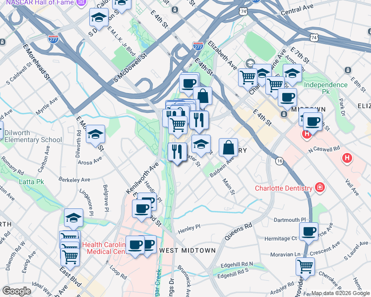 map of restaurants, bars, coffee shops, grocery stores, and more near in Charlotte