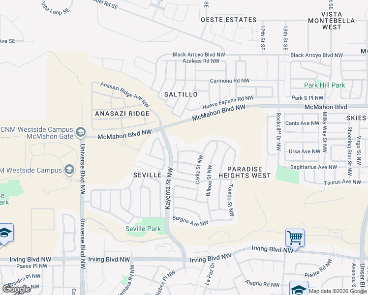map of restaurants, bars, coffee shops, grocery stores, and more near 10544 Pavon Place Northwest in Albuquerque