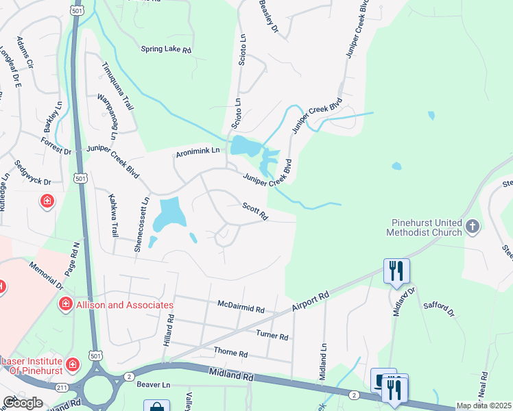 map of restaurants, bars, coffee shops, grocery stores, and more near 95 Scott Road in Pinehurst