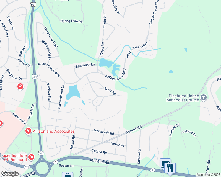 map of restaurants, bars, coffee shops, grocery stores, and more near 95 Scott Road in Pinehurst