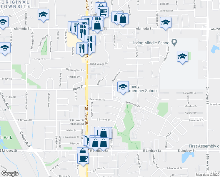 map of restaurants, bars, coffee shops, grocery stores, and more near 1414 East Boyd Street in Norman