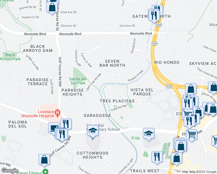 map of restaurants, bars, coffee shops, grocery stores, and more near 10735 Hatch Drive Northwest in Albuquerque