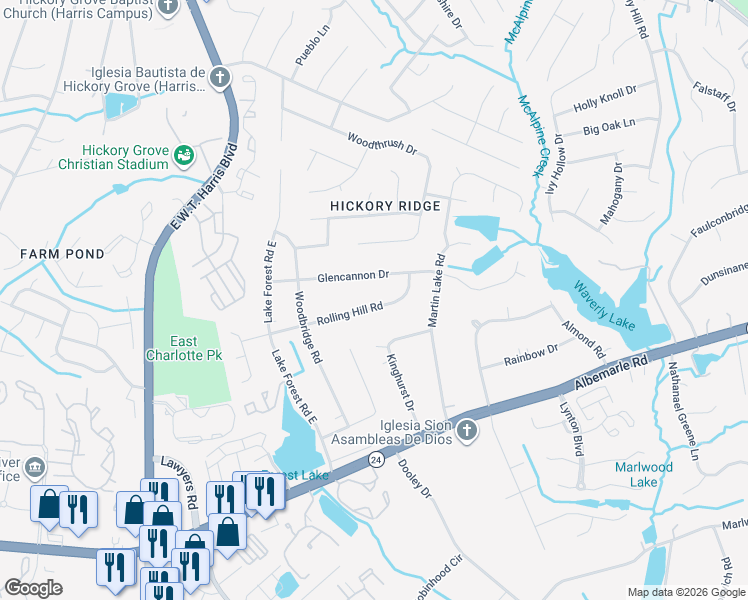 map of restaurants, bars, coffee shops, grocery stores, and more near 7617 Rolling Hill Road in Charlotte