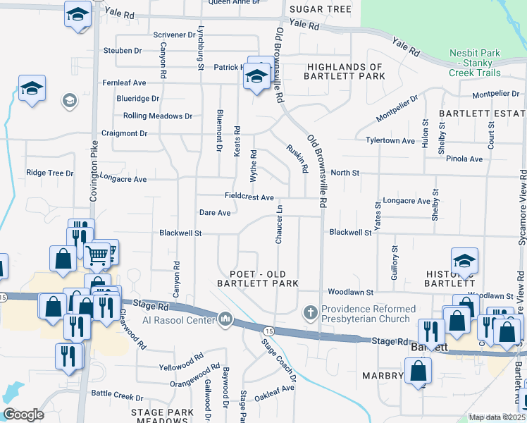 map of restaurants, bars, coffee shops, grocery stores, and more near 5380 Blackwell Street in Bartlett