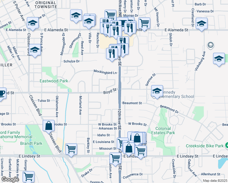 map of restaurants, bars, coffee shops, grocery stores, and more near 1104 East Boyd Street in Norman