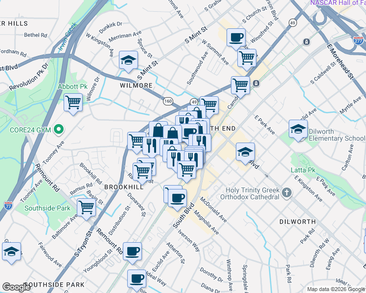 map of restaurants, bars, coffee shops, grocery stores, and more near in Charlotte