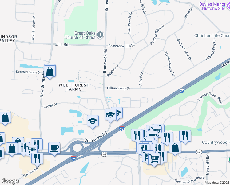 map of restaurants, bars, coffee shops, grocery stores, and more near 8853 Hillman Way Drive in Memphis