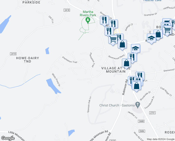 map of restaurants, bars, coffee shops, grocery stores, and more near 1483 Plantation Trail in Gastonia