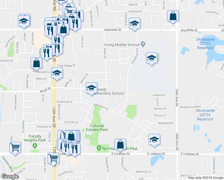 map of restaurants, bars, coffee shops, grocery stores, and more near 1712 East Boyd Street in Norman