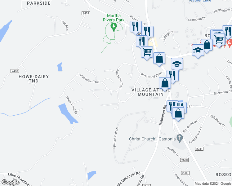 map of restaurants, bars, coffee shops, grocery stores, and more near 1491 Plantation Trail in Gastonia