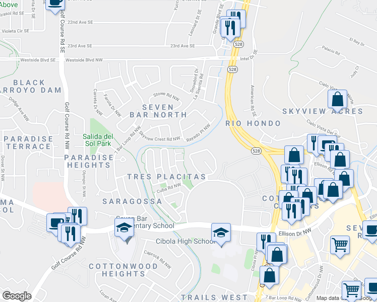 map of restaurants, bars, coffee shops, grocery stores, and more near 10759 Del Sol Park Drive Northwest in Albuquerque