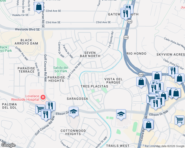 map of restaurants, bars, coffee shops, grocery stores, and more near 10720 Stanley Drive Northwest in Albuquerque