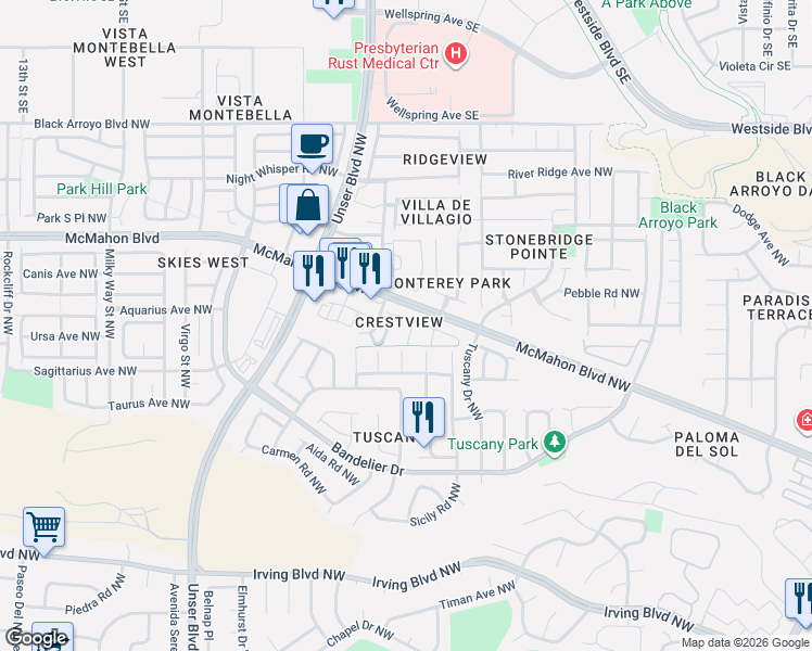 map of restaurants, bars, coffee shops, grocery stores, and more near 10639 Fountain Court Northwest in Albuquerque