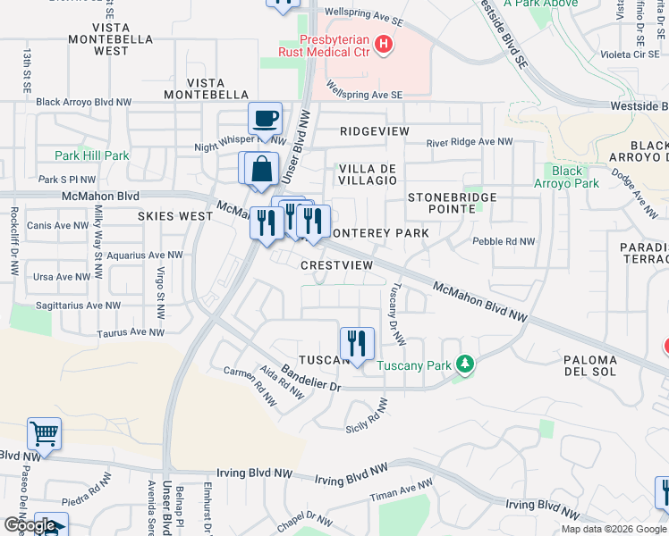 map of restaurants, bars, coffee shops, grocery stores, and more near 10639 Fountain Court Northwest in Albuquerque