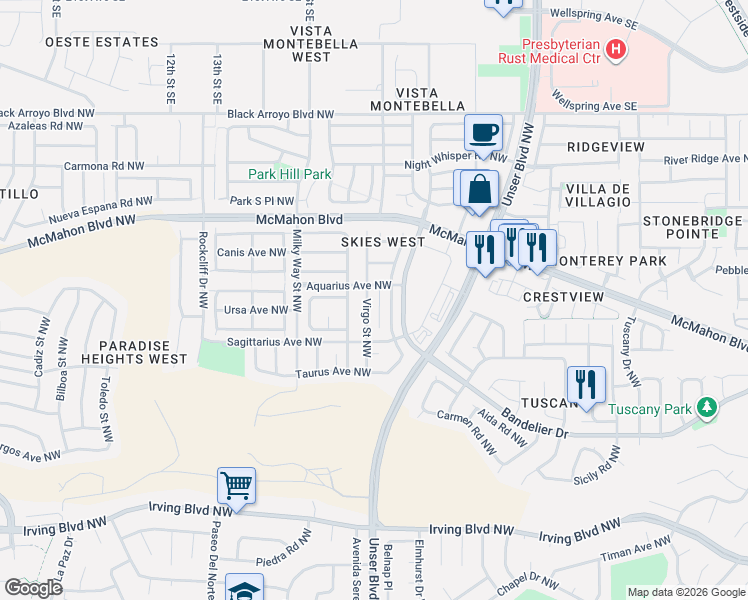 map of restaurants, bars, coffee shops, grocery stores, and more near 10628 Capricorn Place Northwest in Albuquerque