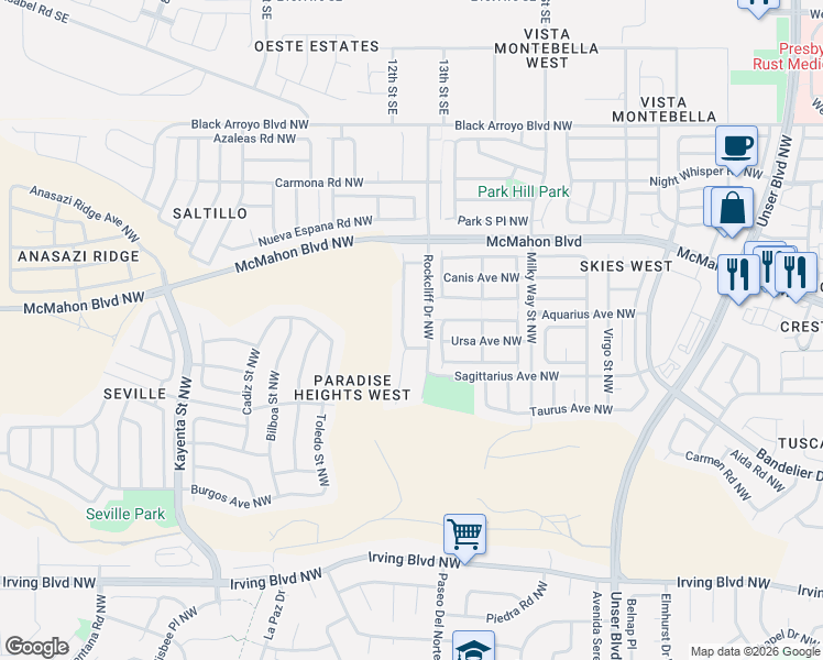 map of restaurants, bars, coffee shops, grocery stores, and more near 10604 Brookline Drive Northwest in Albuquerque