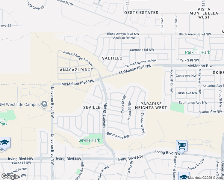 map of restaurants, bars, coffee shops, grocery stores, and more near 10544 Pavon Place Northwest in Albuquerque