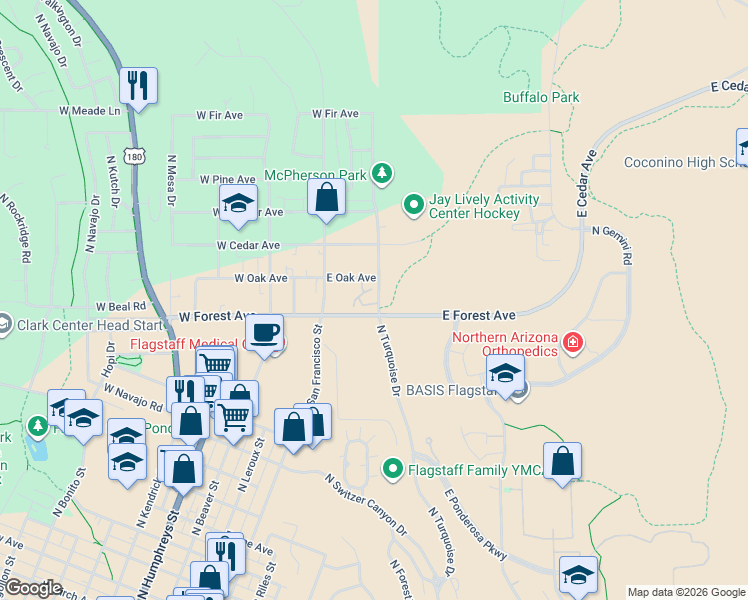 map of restaurants, bars, coffee shops, grocery stores, and more near 111 East Oak Avenue in Flagstaff