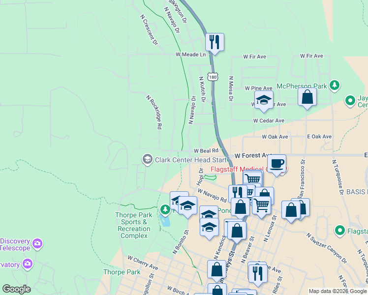 map of restaurants, bars, coffee shops, grocery stores, and more near 1122 North Navajo Drive in Flagstaff