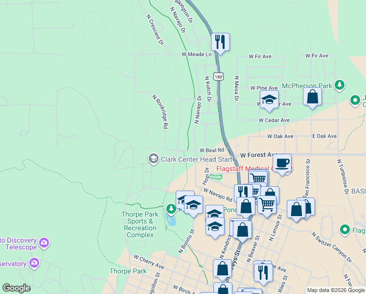 map of restaurants, bars, coffee shops, grocery stores, and more near 801 West Beal Road in Flagstaff