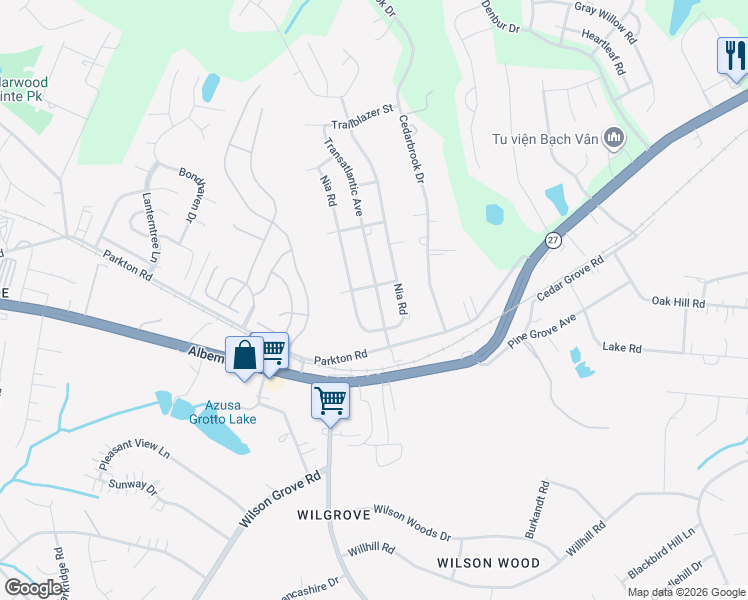 map of restaurants, bars, coffee shops, grocery stores, and more near 10525 Parkton Road in Charlotte