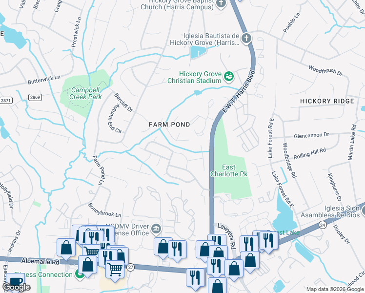map of restaurants, bars, coffee shops, grocery stores, and more near 7312 Barcliff Drive in Charlotte