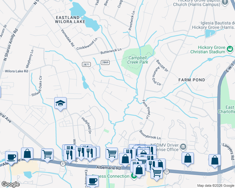 map of restaurants, bars, coffee shops, grocery stores, and more near 6322 Thelo Drive in Charlotte